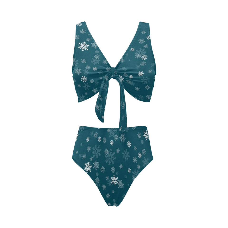 Snowflake pattern dark background Chest Bowknot High Waisted Bikini Swimsuit