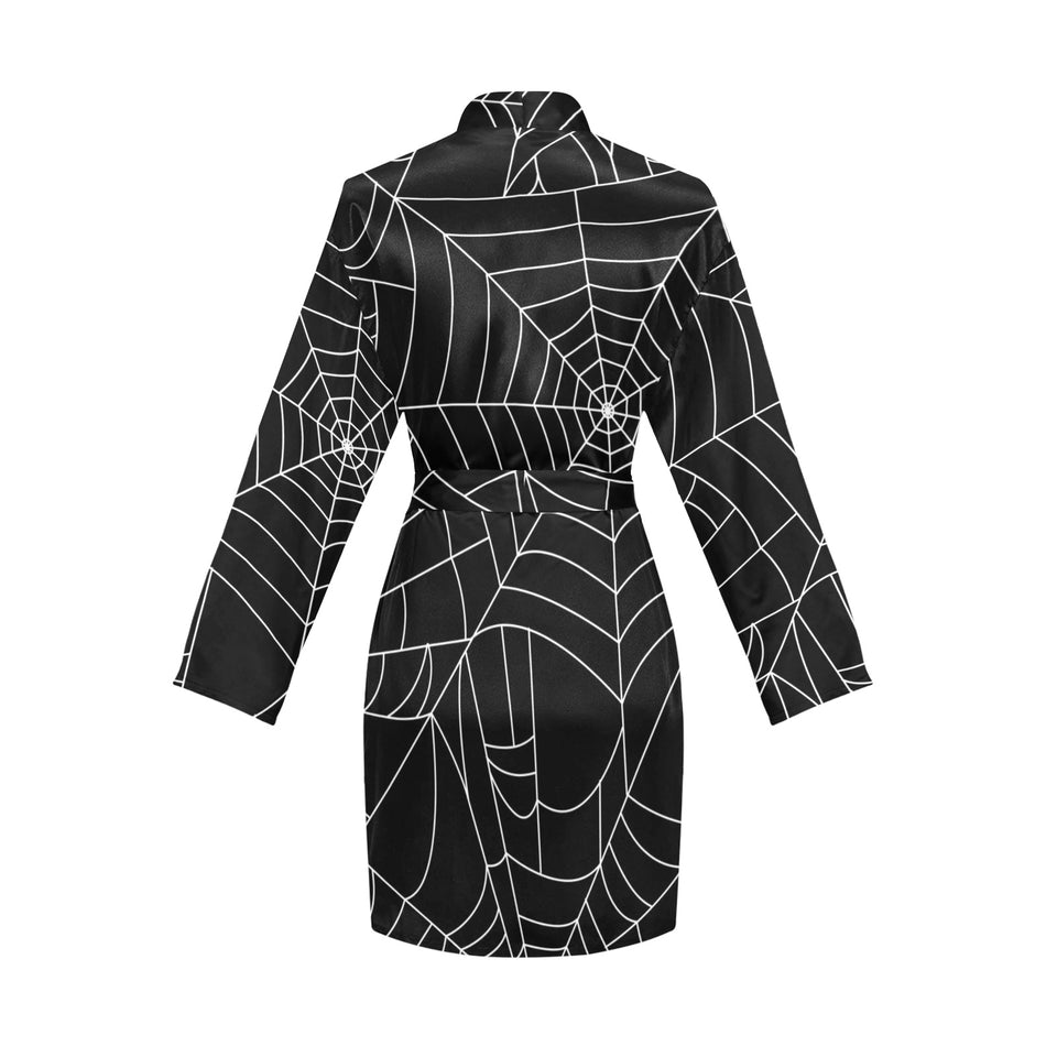 Spider web pattern Black background white cobweb Women's Long Sleeve Belted Night Robe