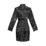 Spider web pattern Black background white cobweb Women's Long Sleeve Belted Night Robe