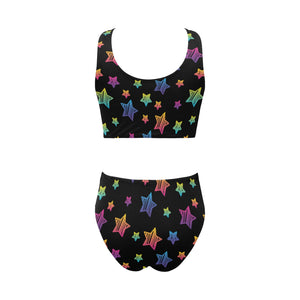 Colorful star pattern Chest Bowknot High Waisted Bikini Swimsuit