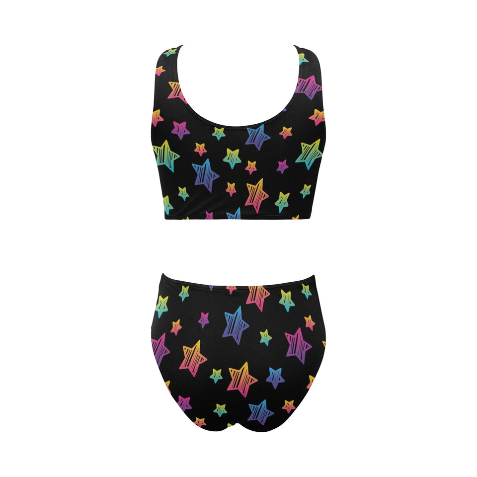Colorful star pattern Chest Bowknot High Waisted Bikini Swimsuit