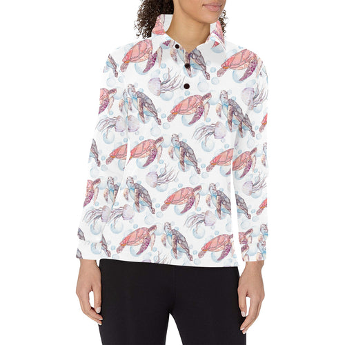 Watercolor sea turtle jellyfish pattern Women's Long Sleeve Polo Shirt