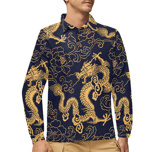 Gold dragon pattern Men's Long Sleeve Polo Shirt