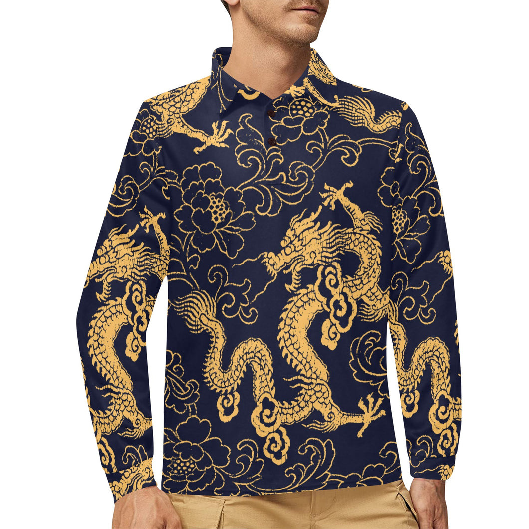 Gold dragon pattern Men's Long Sleeve Polo Shirt
