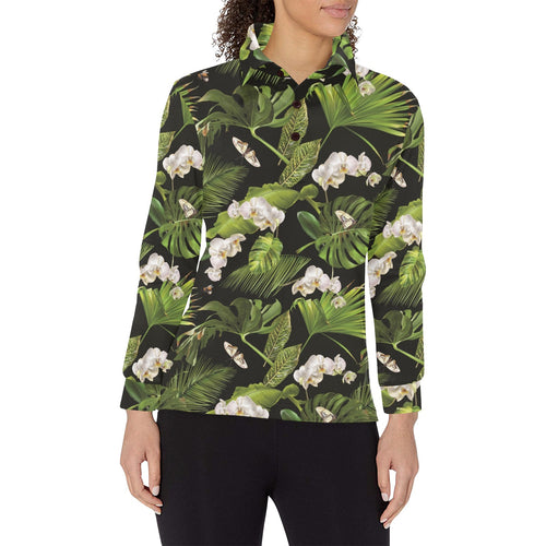 White orchid flower tropical leaves pattern blackg Women's Long Sleeve Polo Shirt