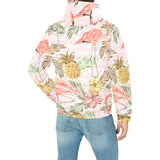 Pink flamingo birds pineapples hibiscus flower pat Men's Padded Hooded Jacket