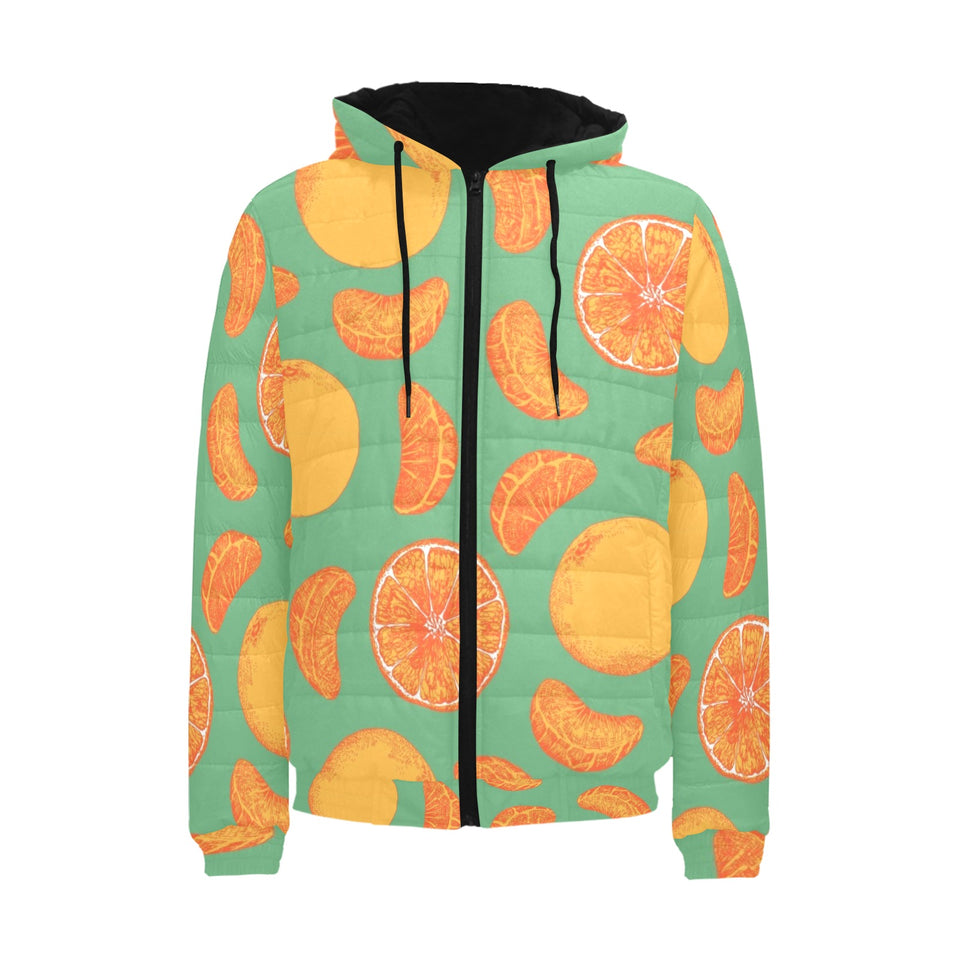 orange fruit pattern green background Men's Padded Hooded Jacket