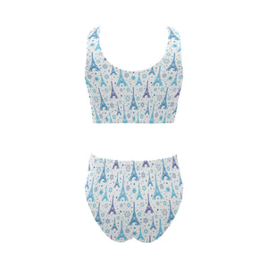 Blue Eiffel Tower Theme Pattern Print Design 01 Chest Bowknot High Waisted Bikini Swimsuit