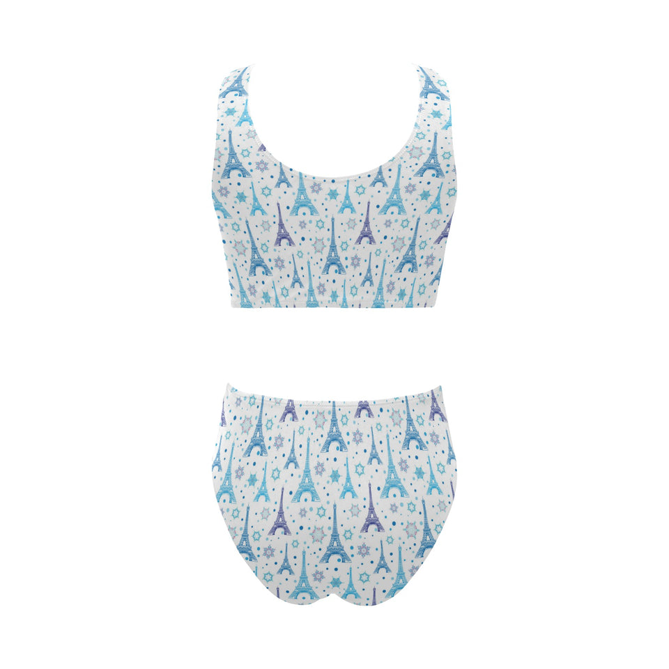 Blue Eiffel Tower Theme Pattern Print Design 01 Chest Bowknot High Waisted Bikini Swimsuit