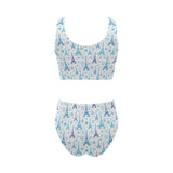 Blue Eiffel Tower Theme Pattern Print Design 01 Chest Bowknot High Waisted Bikini Swimsuit
