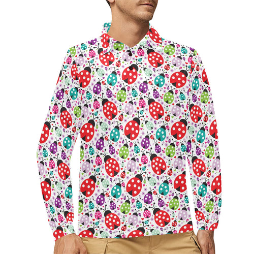 Ladybug Pattern Print Design 03 Men's Long Sleeve Polo Shirt