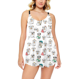 English Bulldog Pattern Print Design 03 Chest Sexy Pleated Two Piece Swim Dress