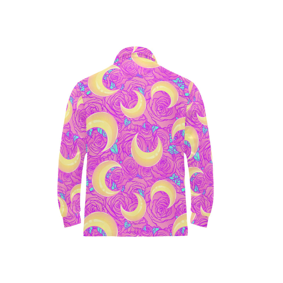 Moon pink rose background Men's Long Sleeve Polo Shirt
