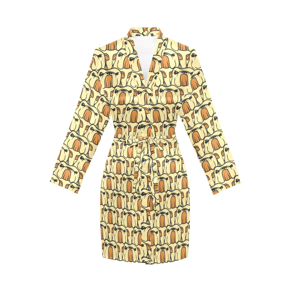 English Bulldog Pattern Print Design 02 Women's Long Sleeve Belted Night Robe