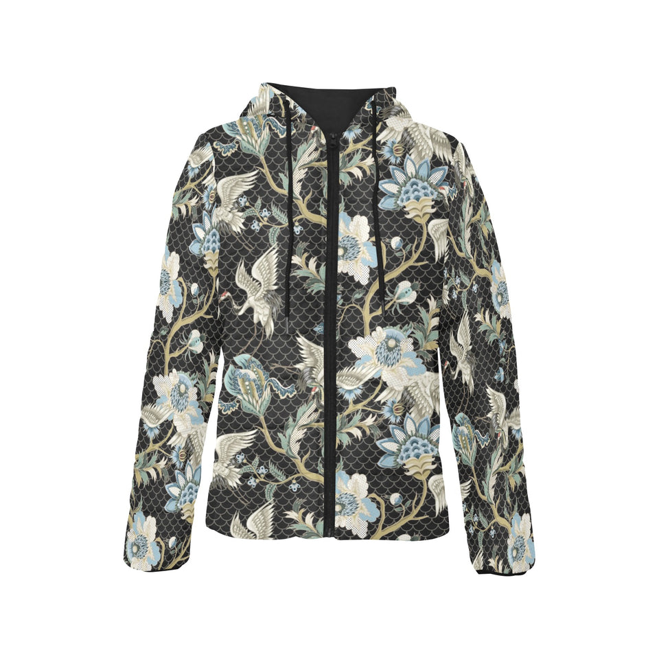 Japanese crane ornament elements Women's Padded Hooded Jacket