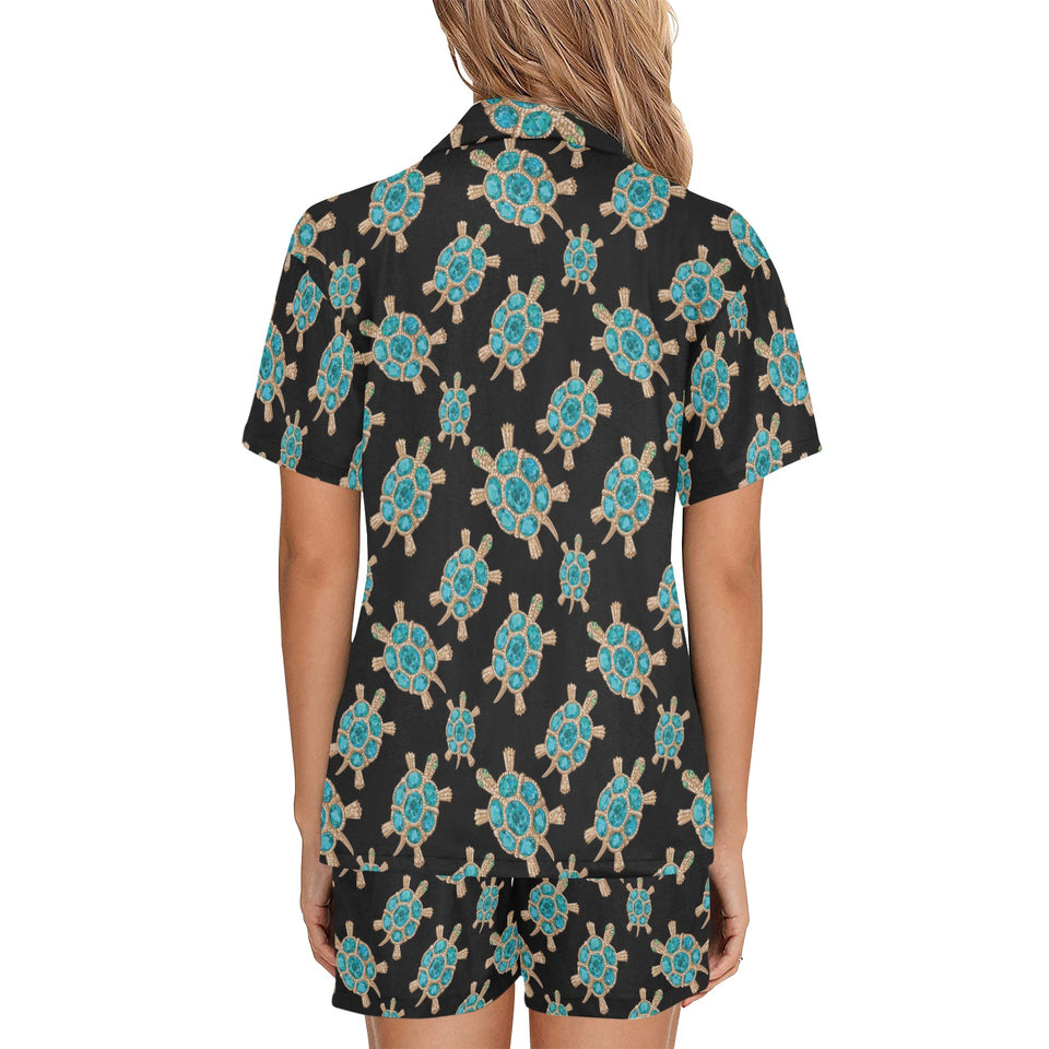 Sea turtle blue stone pattern Women's V-Neck Short Pajama Set