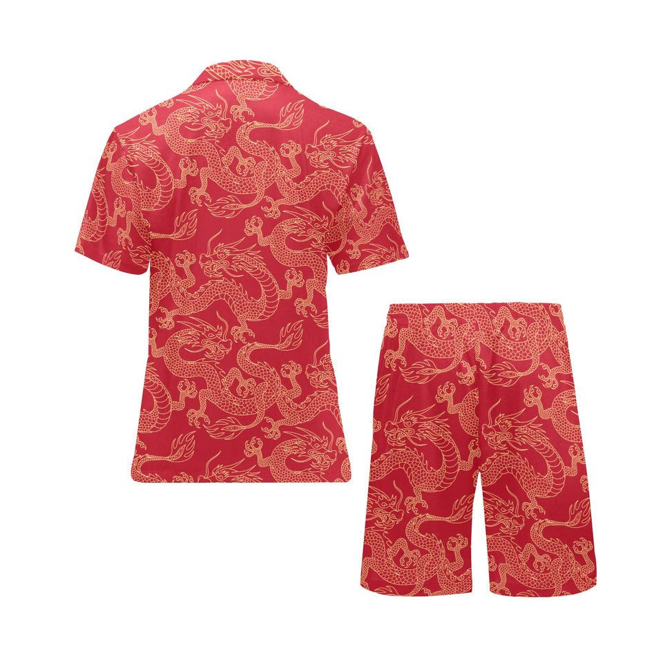 Gold dragons red background Men's V-Neck Short Pajama Set
