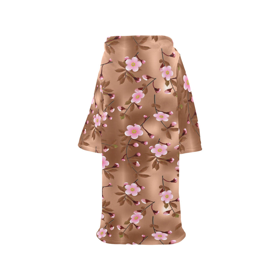 Pink sakura cherry blossom drak brown background Blanket Robe with Sleeves