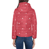 Christmas tree star snow red background Women's Padded Hooded Jacket