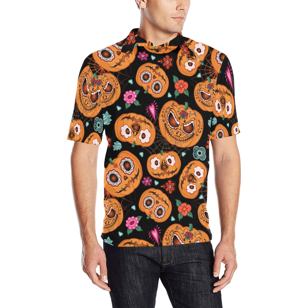 Pumpkin flowers spiderweb Halloween theme Men's All Over Print Polo Shirt