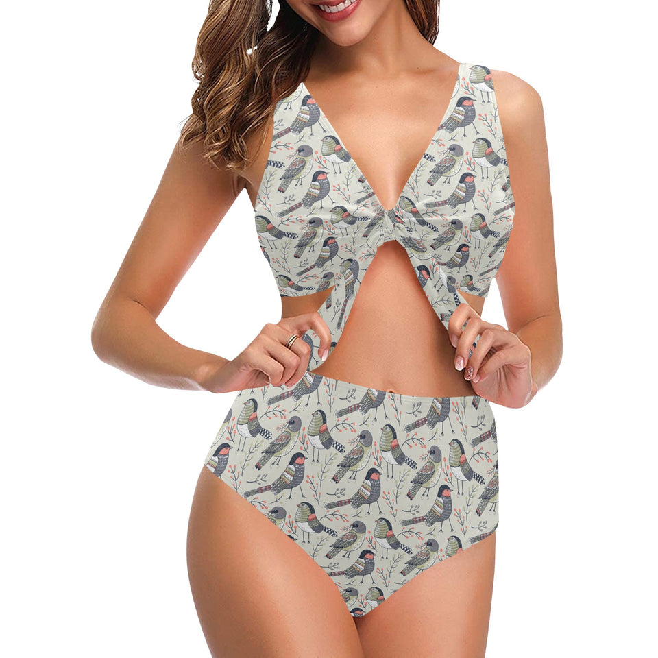 Pigeon Pattern Print Design 04 Chest Bowknot High Waisted Bikini Swimsuit