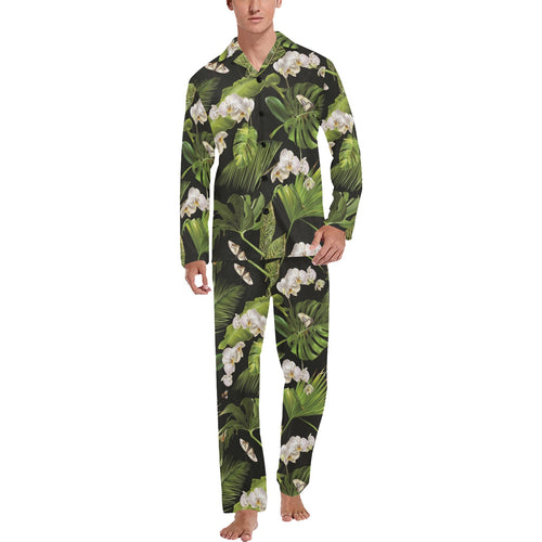 White orchid flower tropical leaves pattern blackg Men's Long Pajama Set