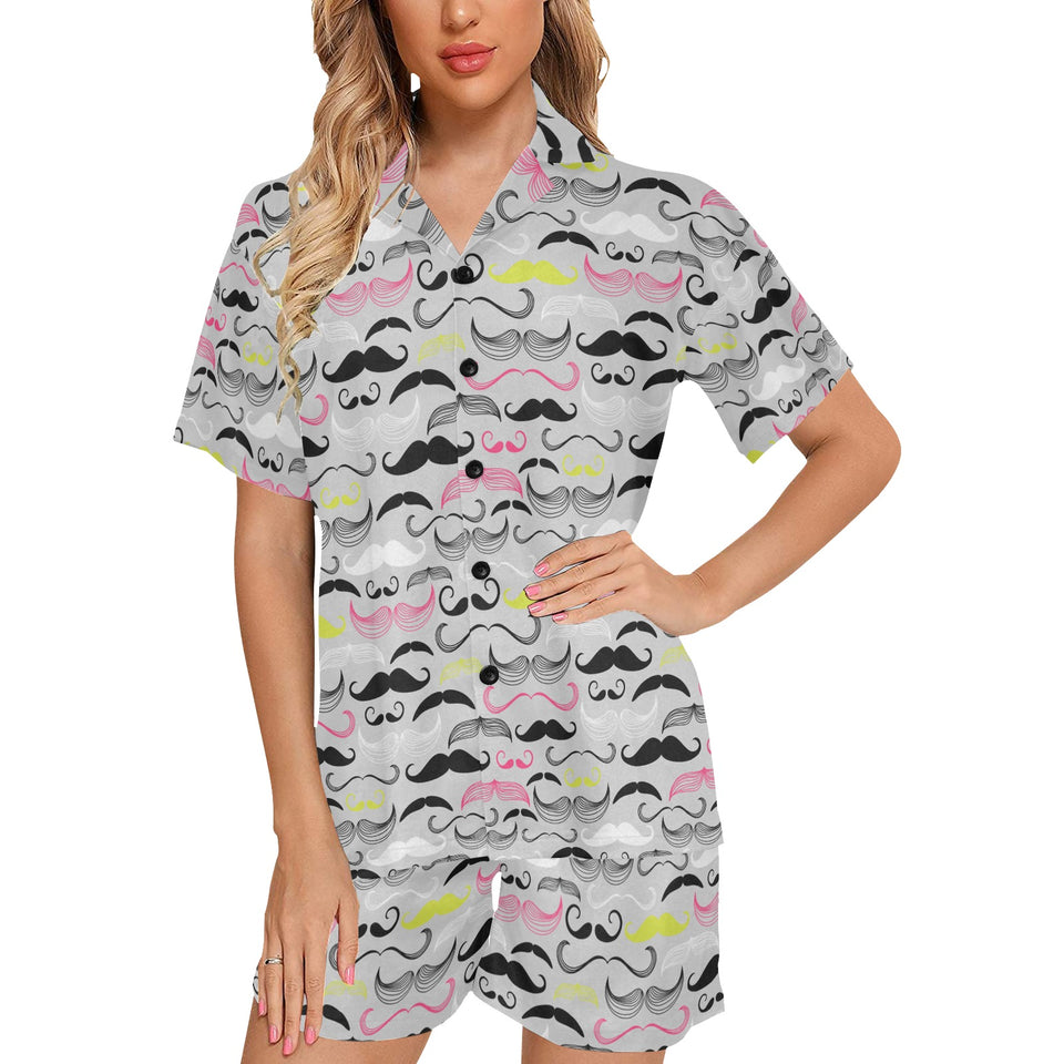 Mustache Beard Pattern Print Design 02 Women's V-Neck Short Pajama Set