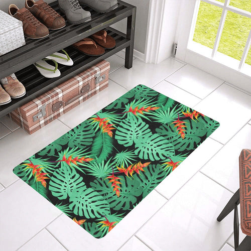 heliconia flower palm monstera leaves black backgr Doormat
