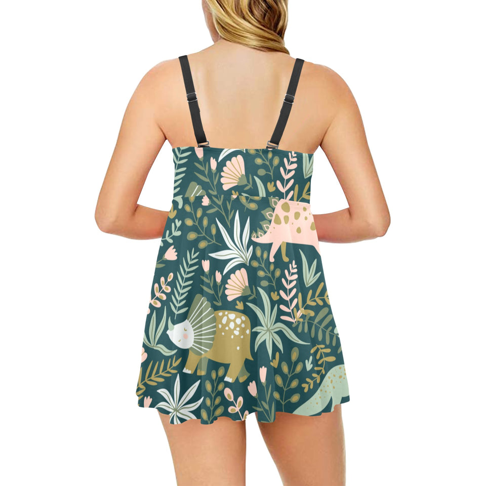 dinosaurs tropical leaves flower pattern Chest Sexy Pleated Two Piece Swim Dress