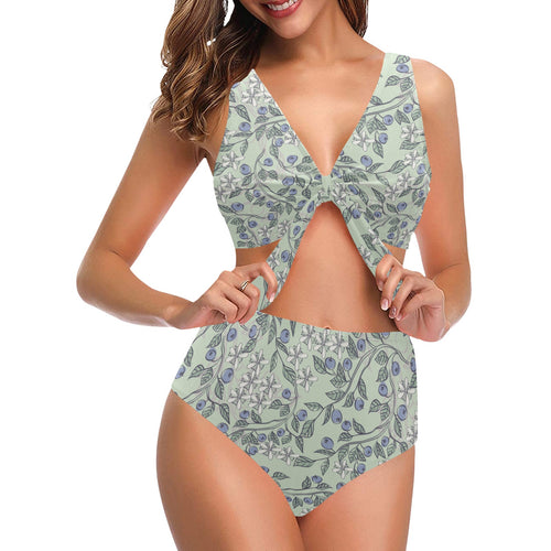 hand drawn blueberry pattern Chest Bowknot High Waisted Bikini Swimsuit