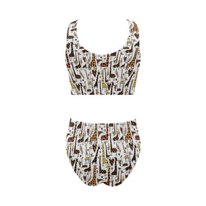 Giraffe Pattern Print Design 05 Chest Bowknot High Waisted Bikini Swimsuit