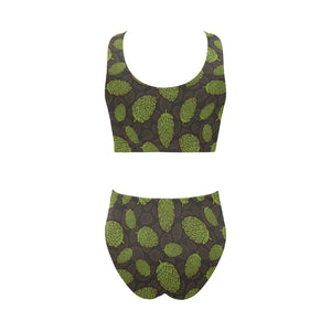 Hop pattern black background Chest Bowknot High Waisted Bikini Swimsuit