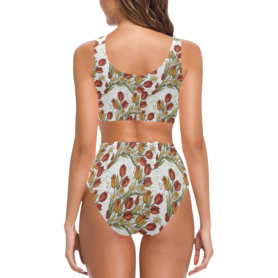 Red tulips and daffodils pattern Chest Bowknot High Waisted Bikini Swimsuit