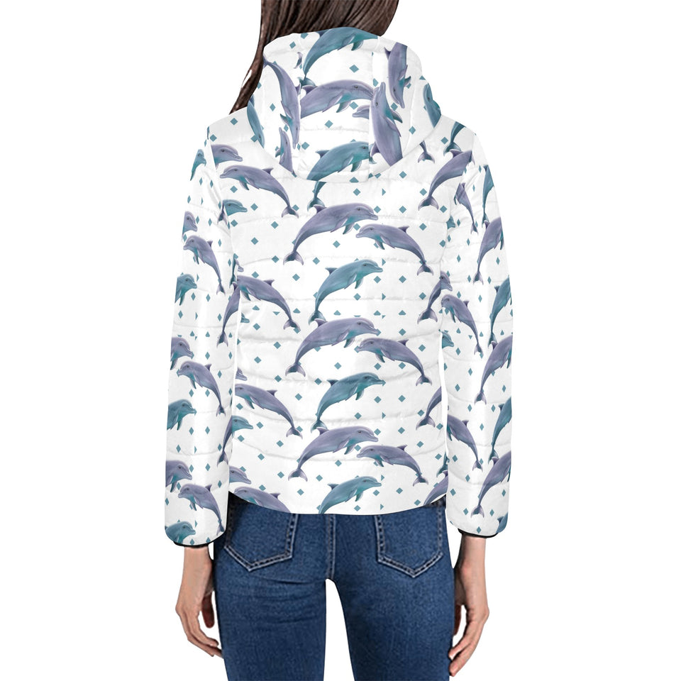 Dolphins pattern dotted background Women's Padded Hooded Jacket