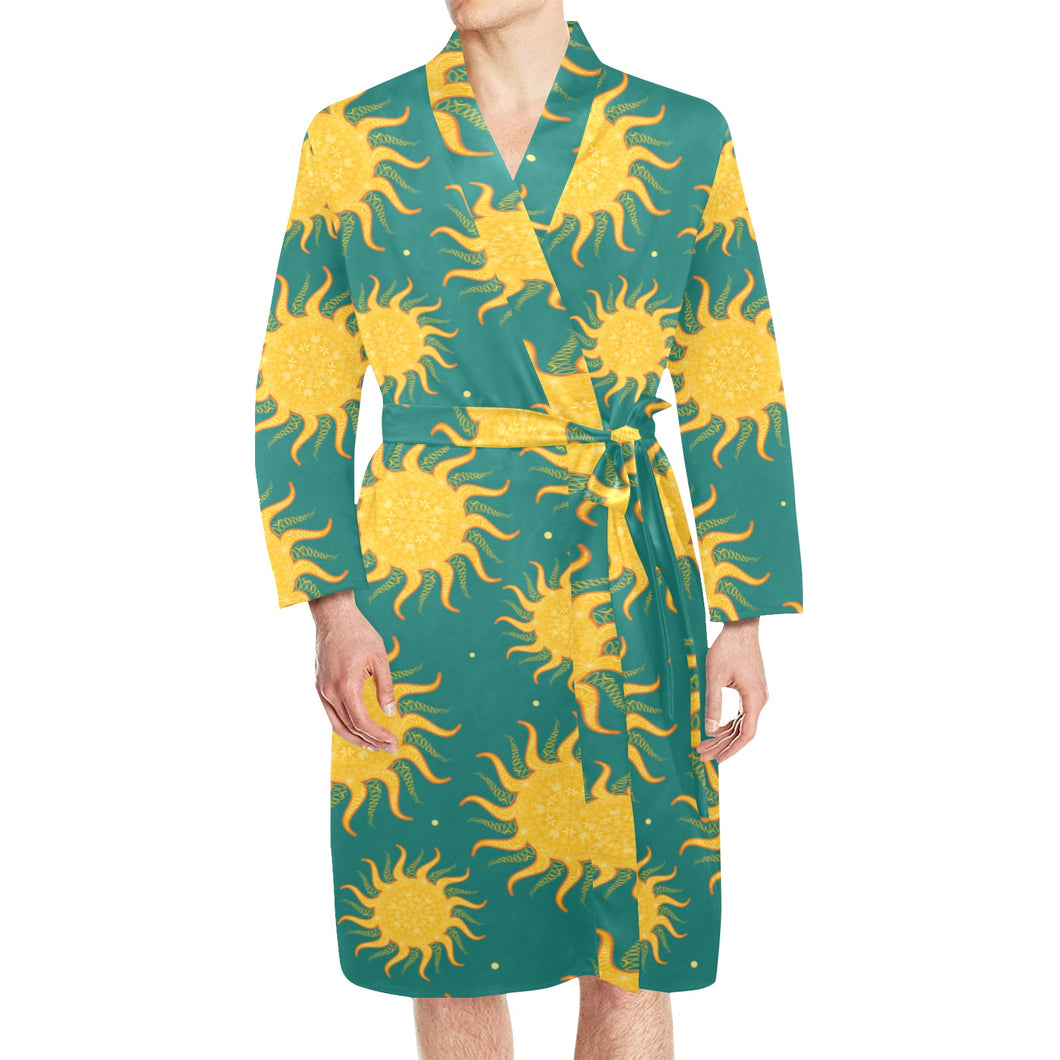 Sun green background Men's Long Sleeve Belted Night Robe