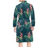 heliconia flowers, palm and monstera leaves on bla Men's Long Sleeve Belted Night Robe