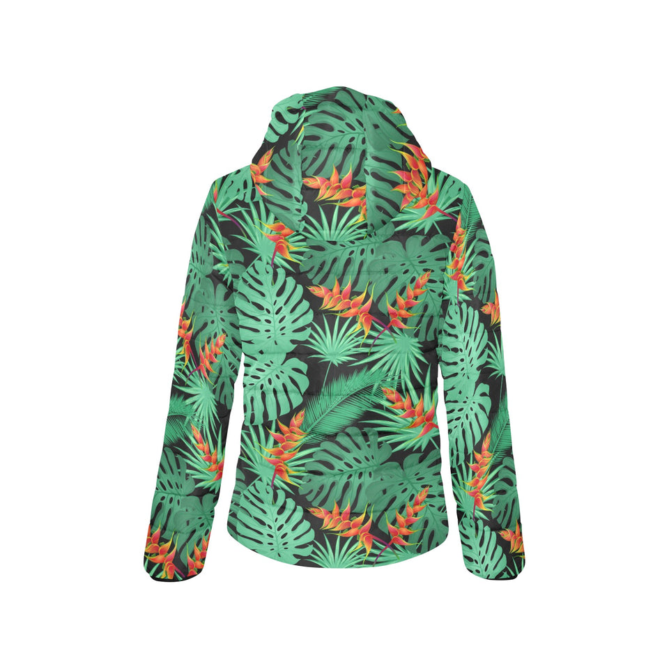 heliconia flower palm monstera leaves black backgr Women's Padded Hooded Jacket