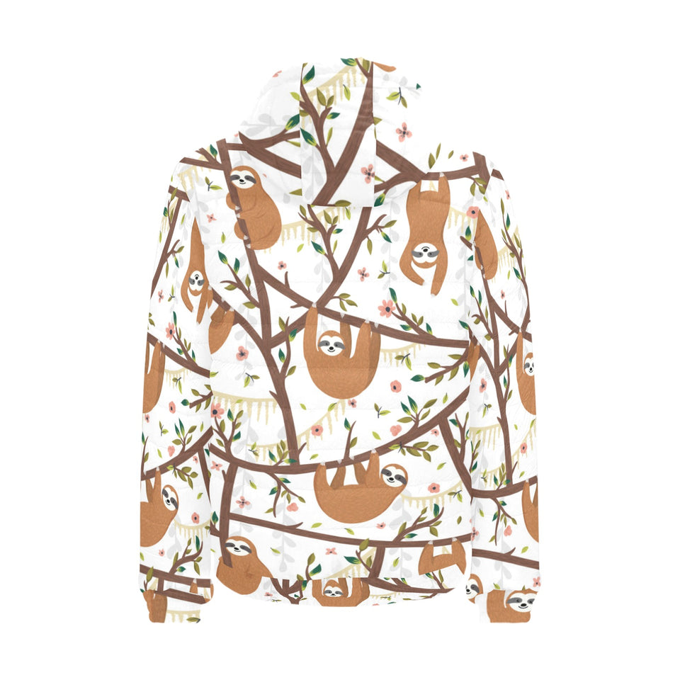 Sloths hanging on the tree pattern Men's Padded Hooded Jacket