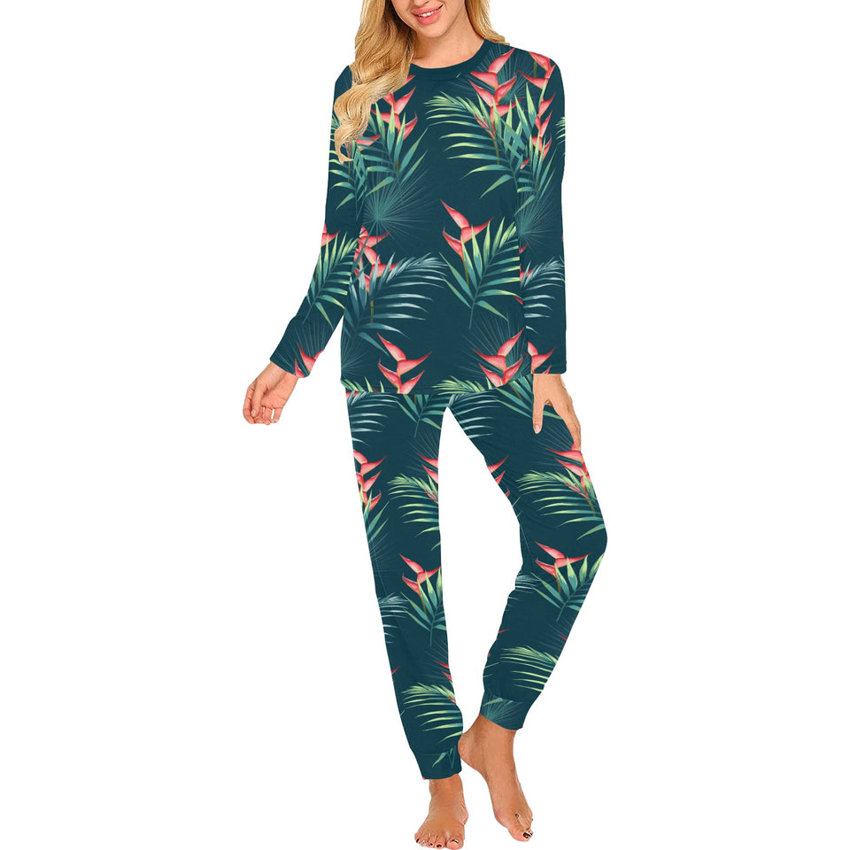 heliconia flowers, palm and monstera leaves on bla Women's All Over Print Pajama Set
