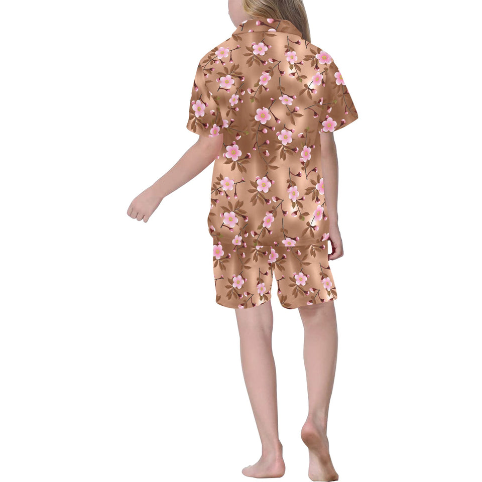 Pink sakura cherry blossom drak brown background Kids' Boys' Girls' V-Neck Short Pajama Set