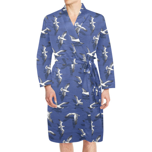 Seagull Pattern Print Design 03 Men's Long Sleeve Belted Night Robe