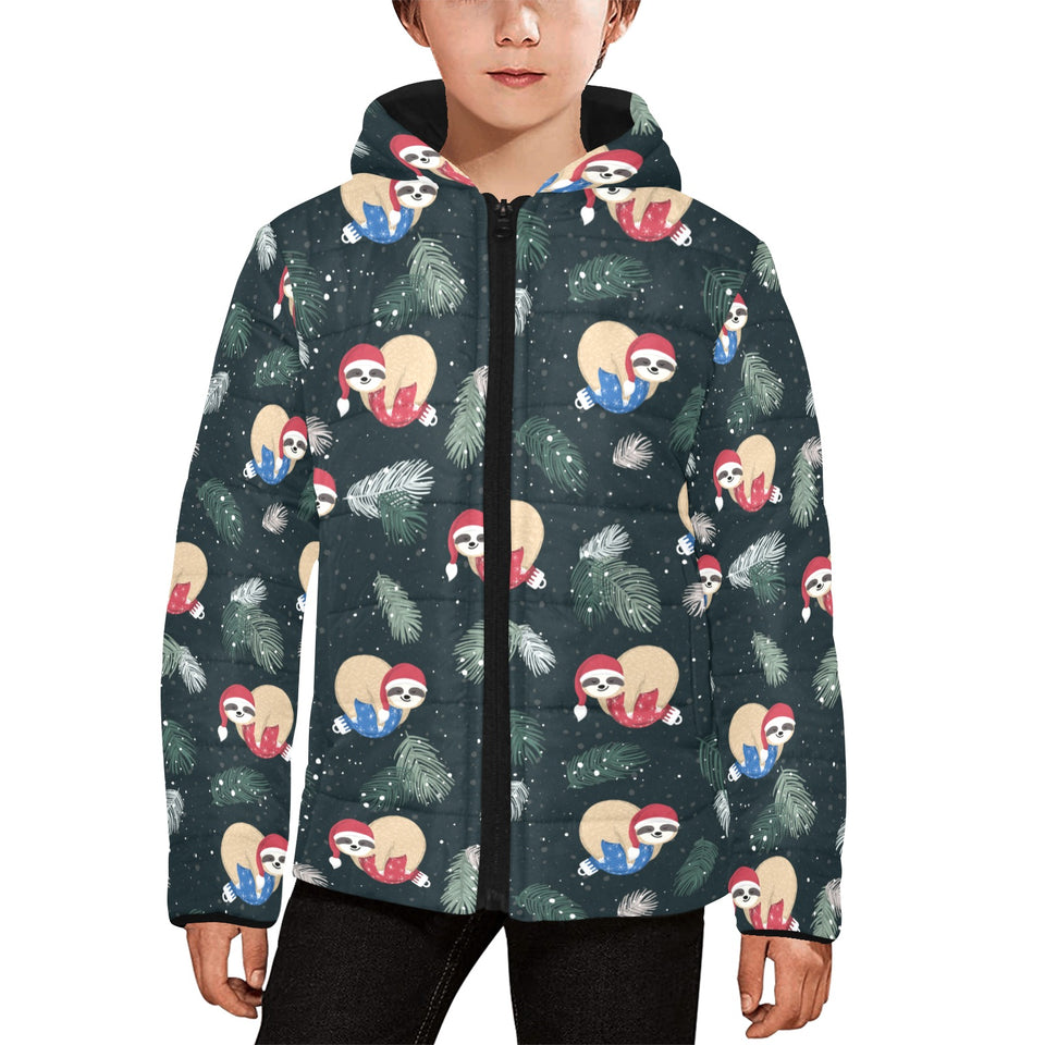 Cute sloths sleeping christmas ball santa hat patt Kids' Boys' Girls' Padded Hooded Jacket