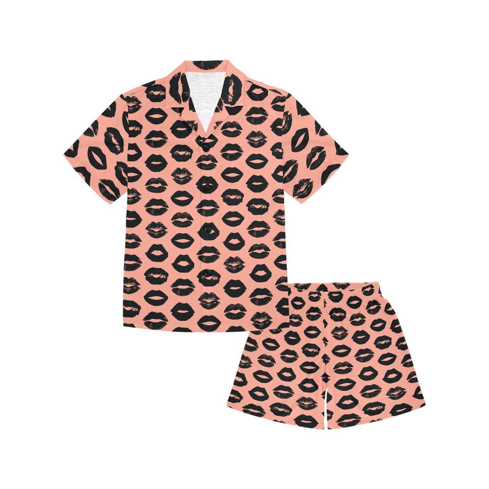 Lips Pattern Print Design 02 Kids' Boys' Girls' V-Neck Short Pajama Set