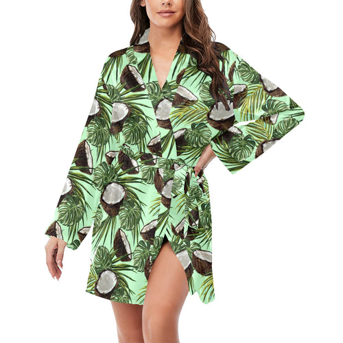 Coconut Pattern Print Design 02 Women's Long Sleeve Belted Night Robe