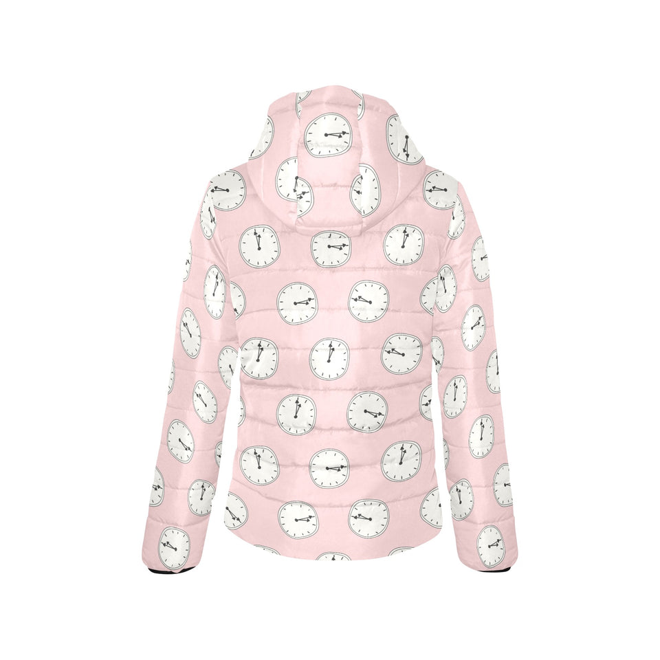 Clock pattern pink blackground Women's Padded Hooded Jacket