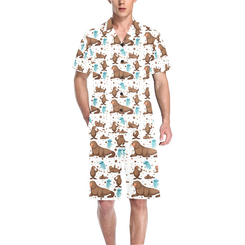 sea lion Seals jellyfish pattern Men's V-Neck Short Pajama Set