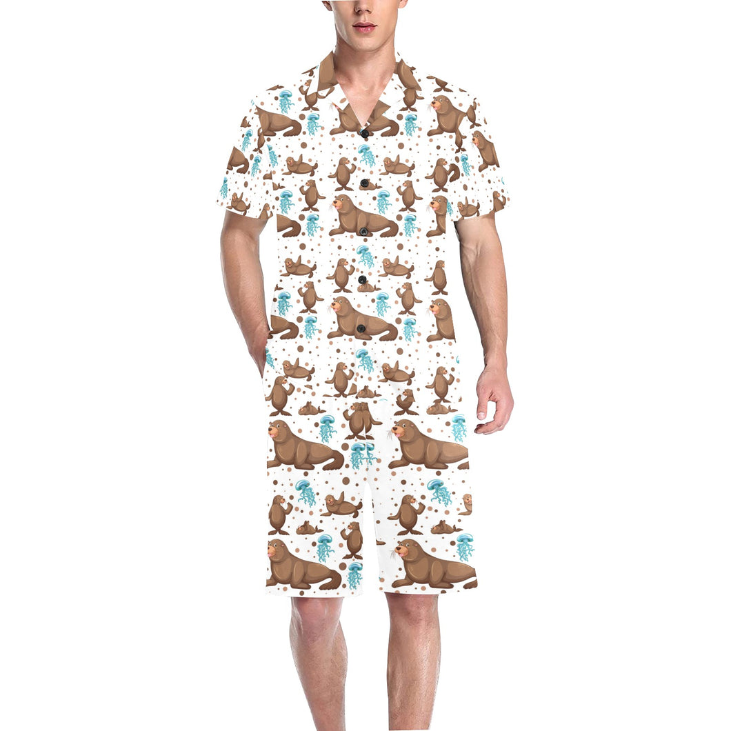 sea lion Seals jellyfish pattern Men's V-Neck Short Pajama Set