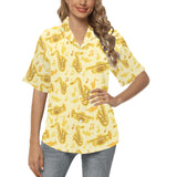 Saxophone cornet pattern yellow background Women's All Over Print Hawaiian Shirt