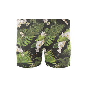 White orchid flower tropical leaves pattern blackg Men's Swimming Trunks