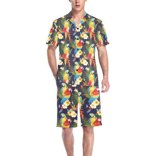 Colorful parrot flower pattern Men's V-Neck Short Pajama Set